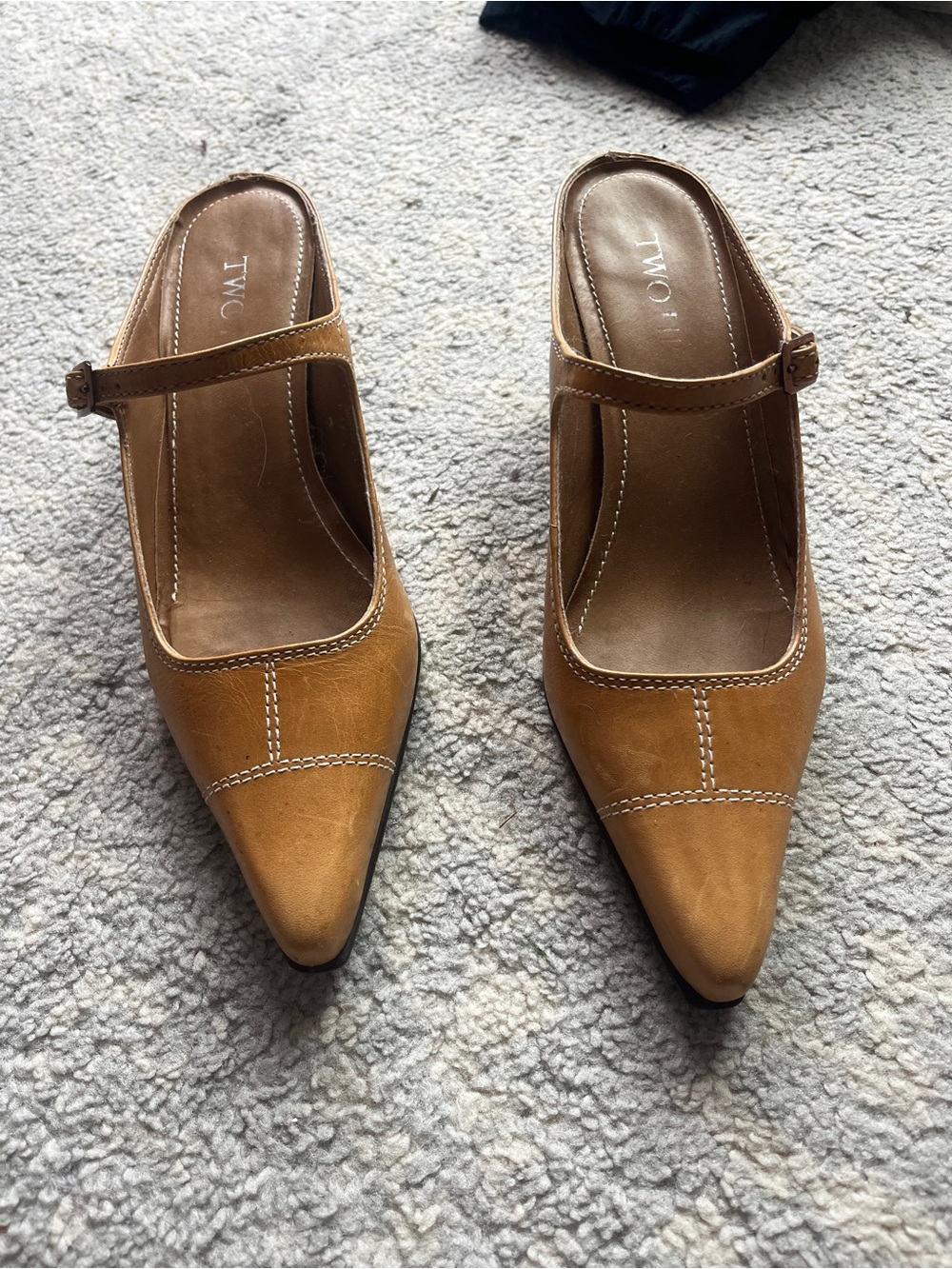 Two Lips Tan Mary Jane Pointed Toe Heels